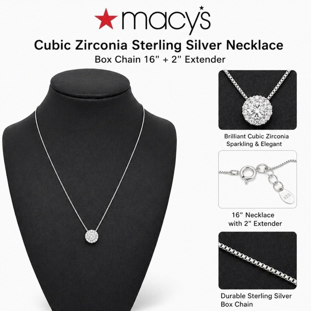Macy's Cubic Zirconia‎ Sterling Silver Halo Pendant Necklace 16+2 Box Chain 925